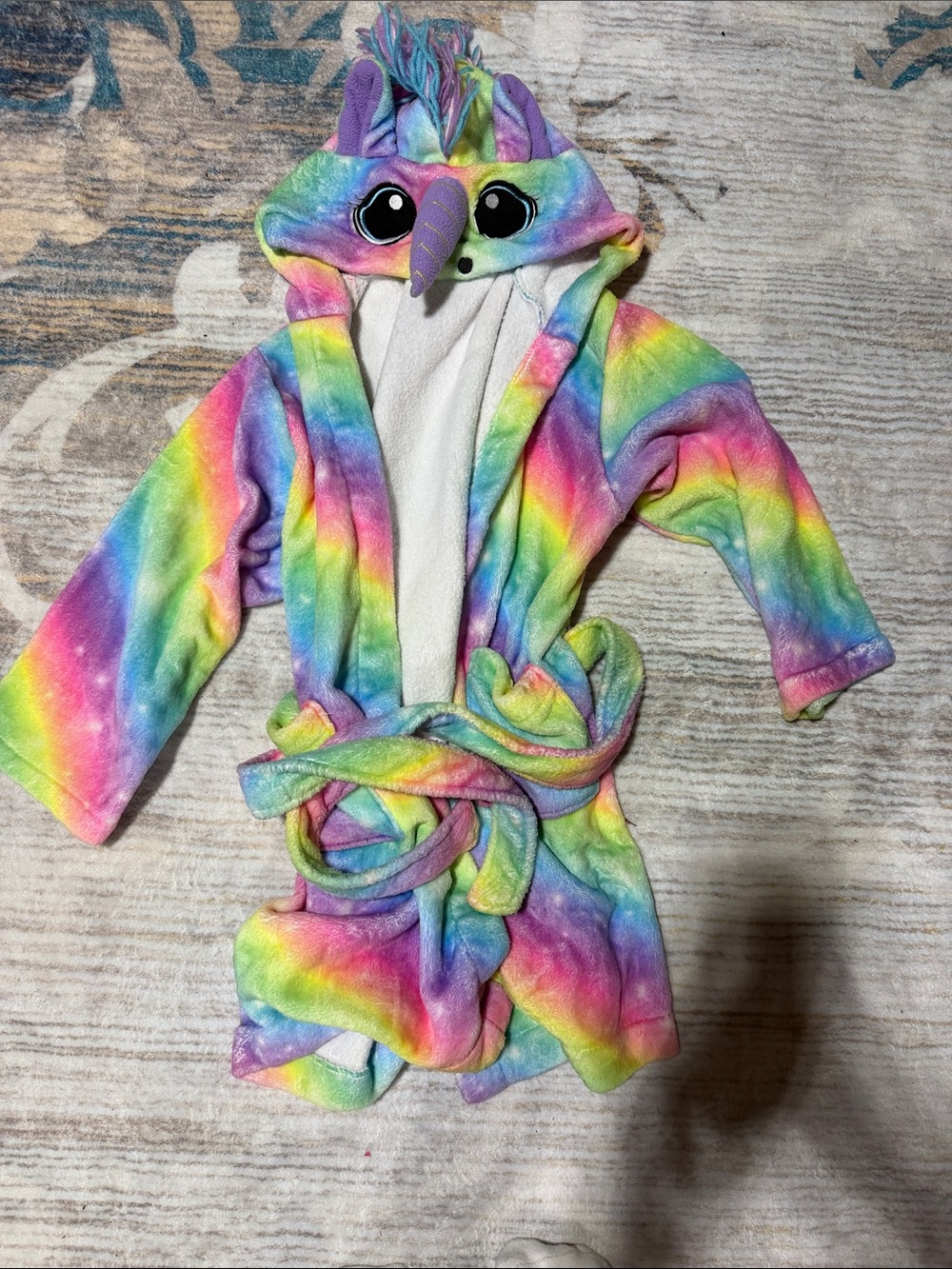 Kids Rainbow Unicorn Hooded Robe - Plush Tie-Dye Lounge Wear size 6